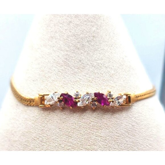 Gold Plated Herringbone Chain Bracelet - Synthetic Ruby & Crystal Accents - Picture 2 of 4